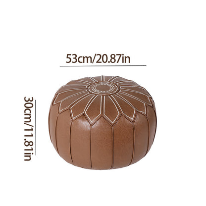 Round Faux Leather Pouf Ottoman Cover with Pumpkin Stitching