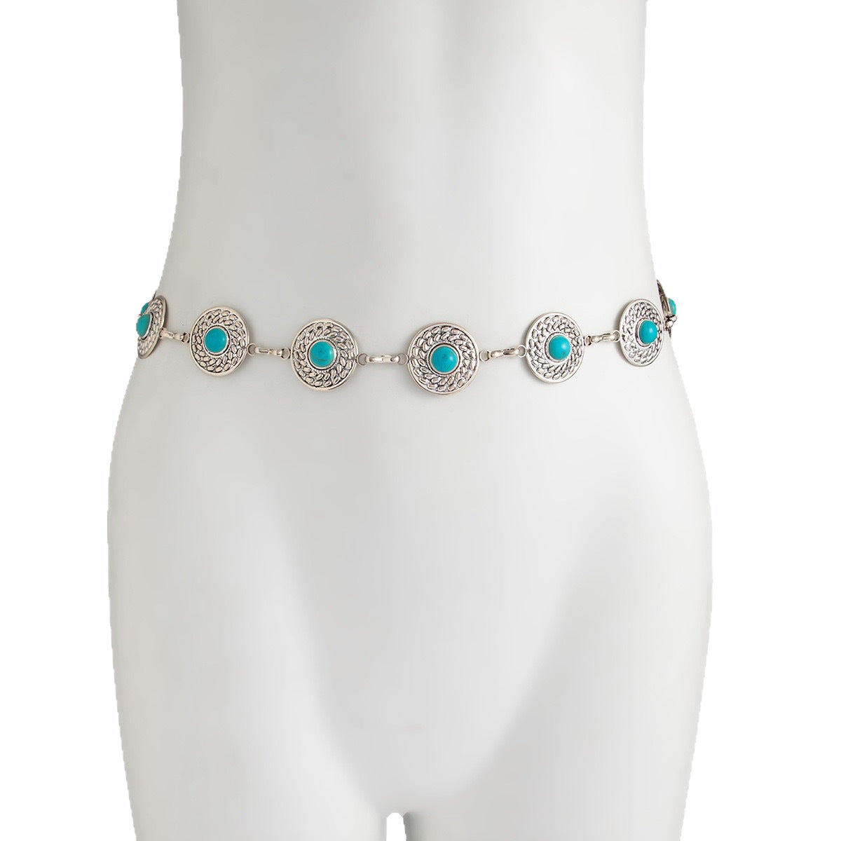 Women's Imitation Turquoise Waist Chain in Silver Tone Metal