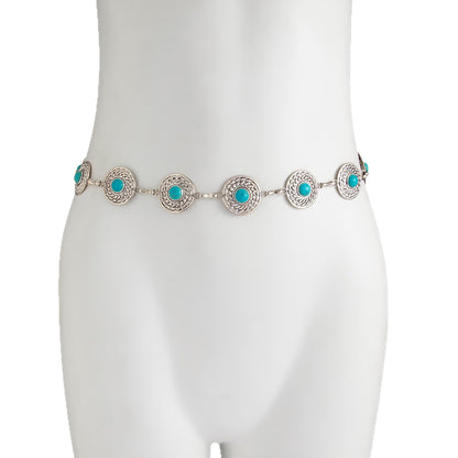 Women's Imitation Turquoise Waist Chain in Silver Tone Metal