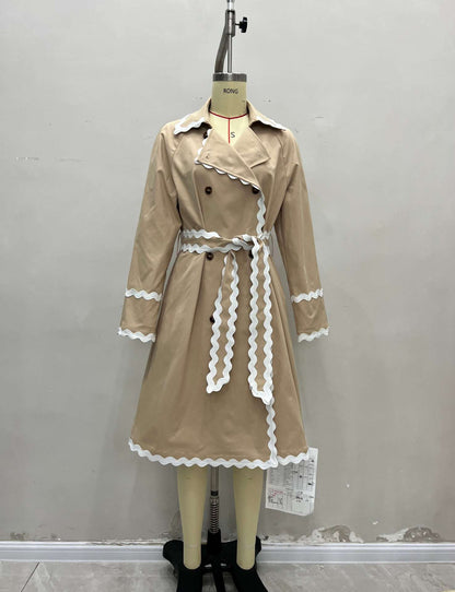 Beige Double-Breasted Trench Coat with White Wave Trim for Women