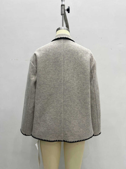 Women’s Wool Blend Contrast Trim Lapel Jacket with Double Pockets
