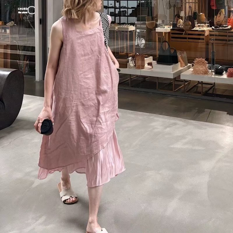 linen irregular hem midi dress layered summer sleeveless loose fit 3