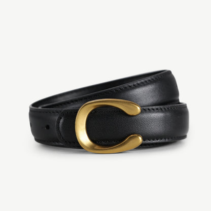 Women’s Black Leather Belt with Slim Gold C Buckle
