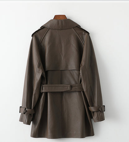 Women Leather Trench Coat Mid-Length Brown Coat