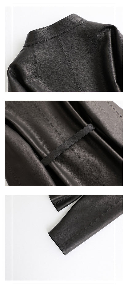 Women Leather Jacket Lychee Grain Belted Short Coat