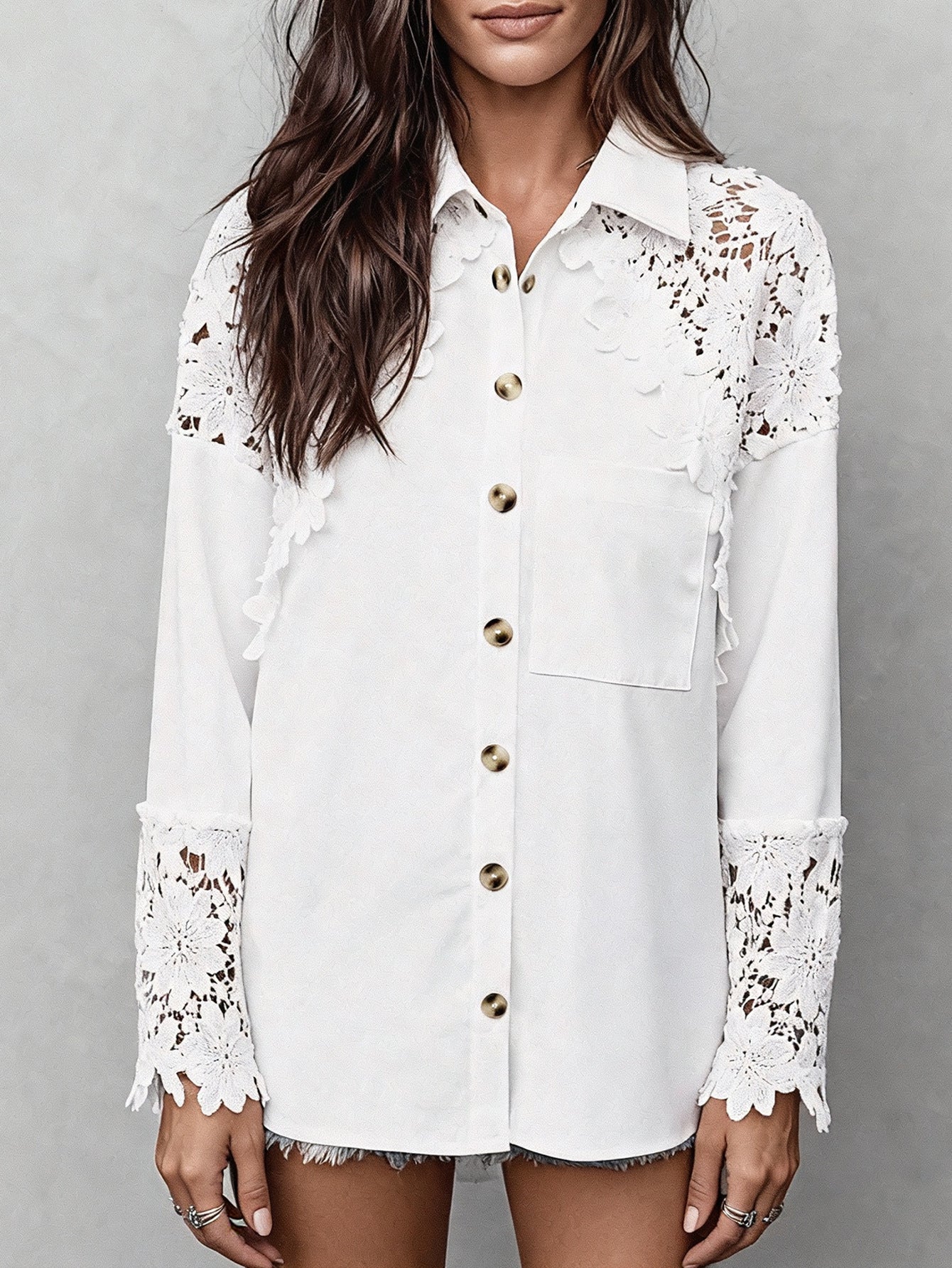 Spring french lace trim collared shirt top