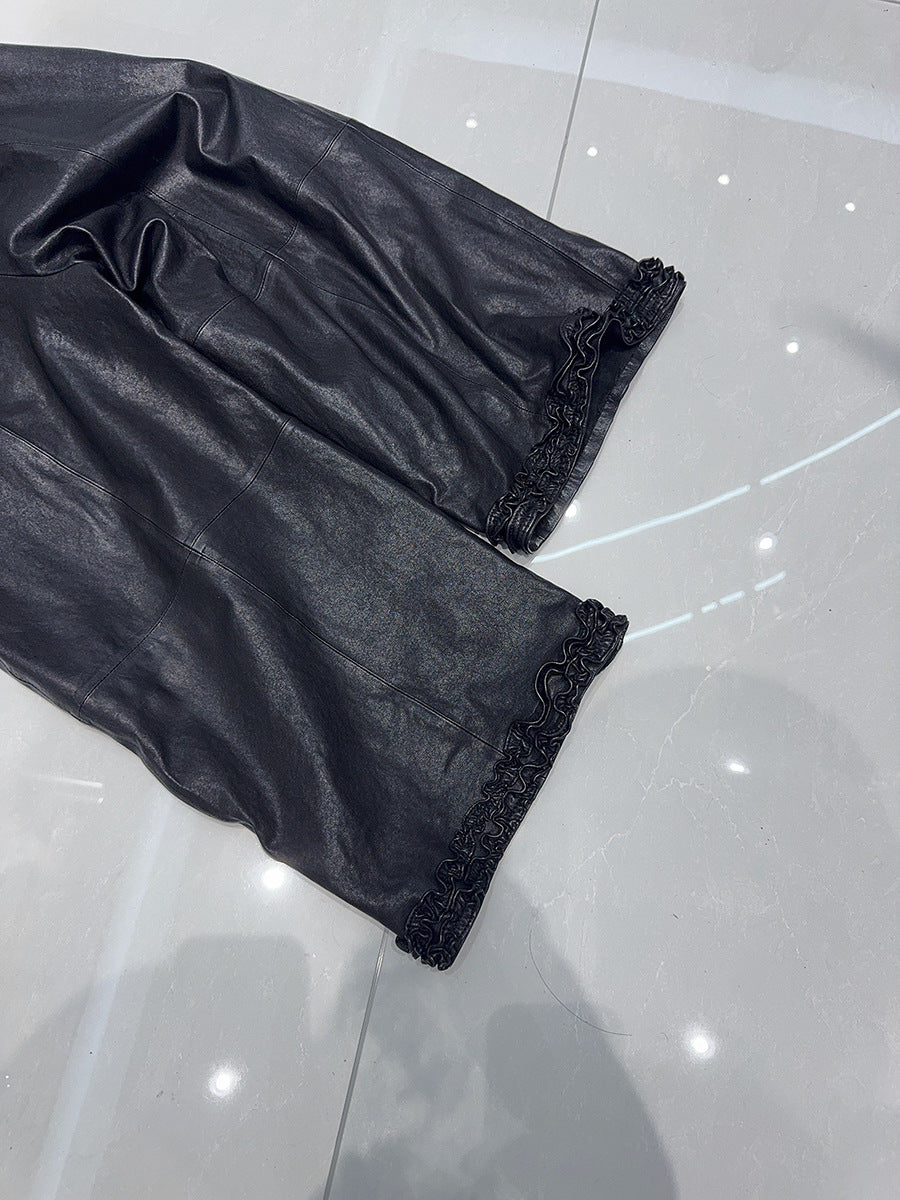 Women Wide Leg Leather Pants High Waisted Nine Point Trousers