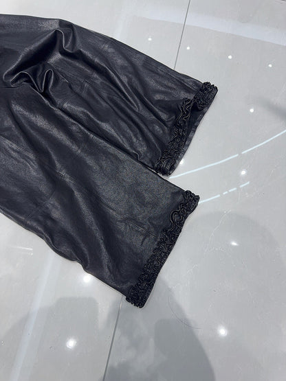 Women Wide Leg Leather Pants High Waisted Nine Point Trousers