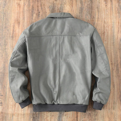 Men Grey Genuine Leather Bomber Jacket