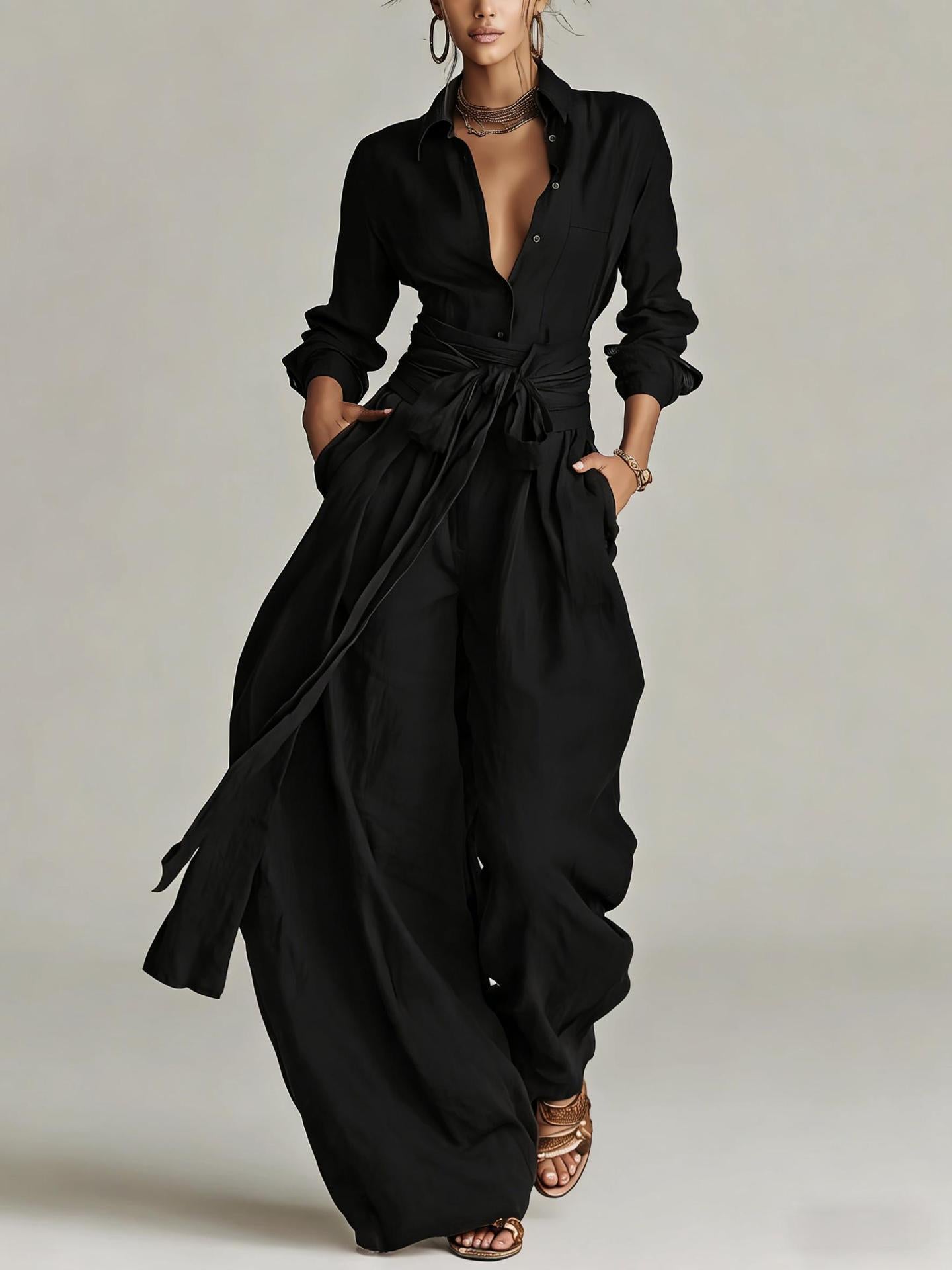 Women’s Two Piece Belted Wide Leg Pant Set