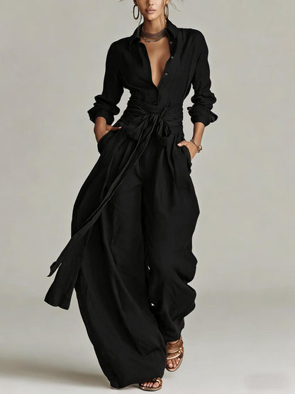 Women’s Two Piece Belted Wide Leg Pant Set