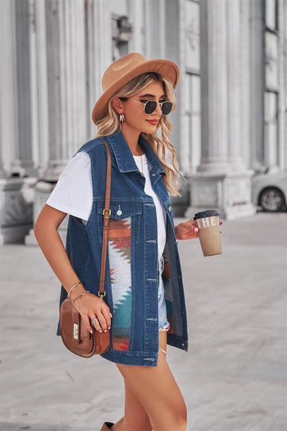 Aztec Pattern Blue Denim Vest Women’s Loose Fit