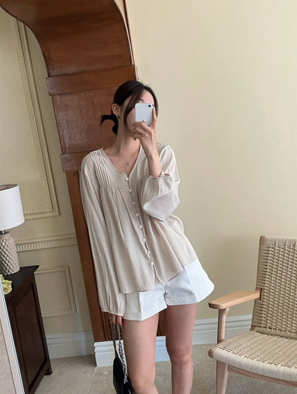 Women's Button Front Puff Sleeve Blouse