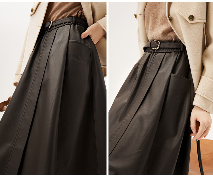 Sheepskin a-line leather midi skirt belt