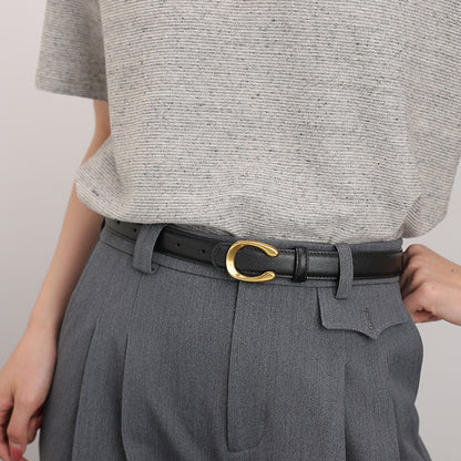 Women’s Black Leather Belt with Slim Gold C Buckle