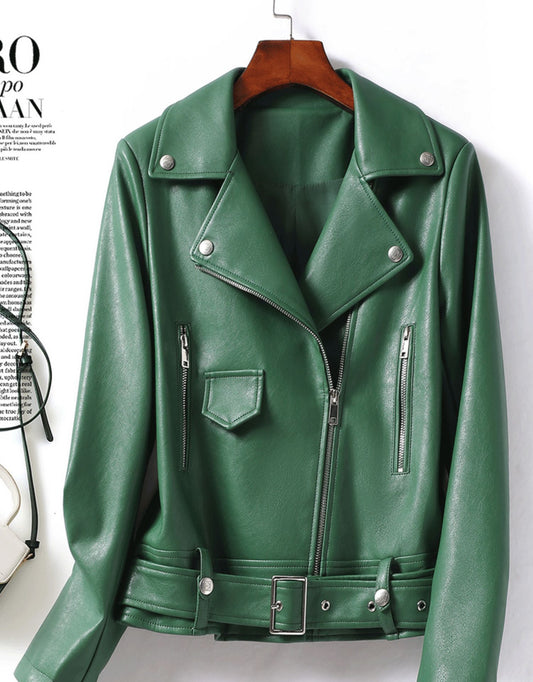 Women’s Leather Bomber Jacket Moto Style Zip Belted