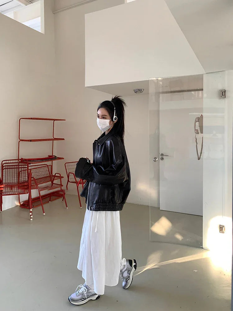 Women Oil-Waxed Oversized Genuine Sheepskin Leather Jacket