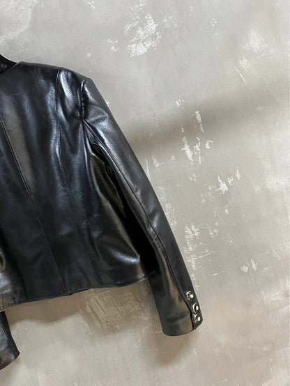 Black Leather Bomber V Neck Jacket Women