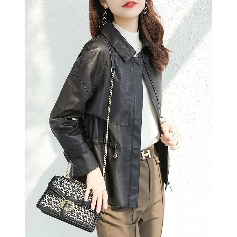 Real sheepskin women black leather jacket