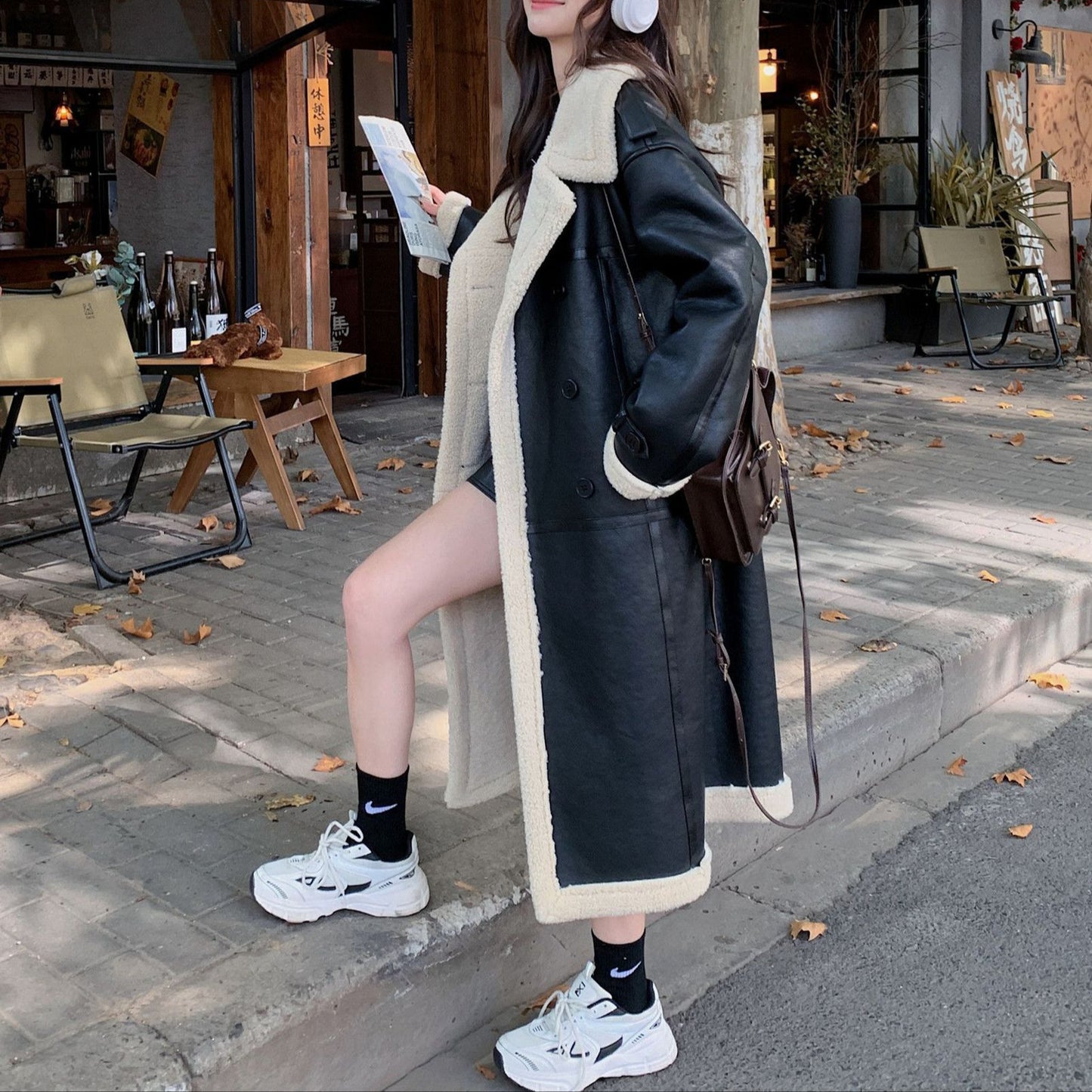 Women Black Leather Trench with Faux Shearling Lining