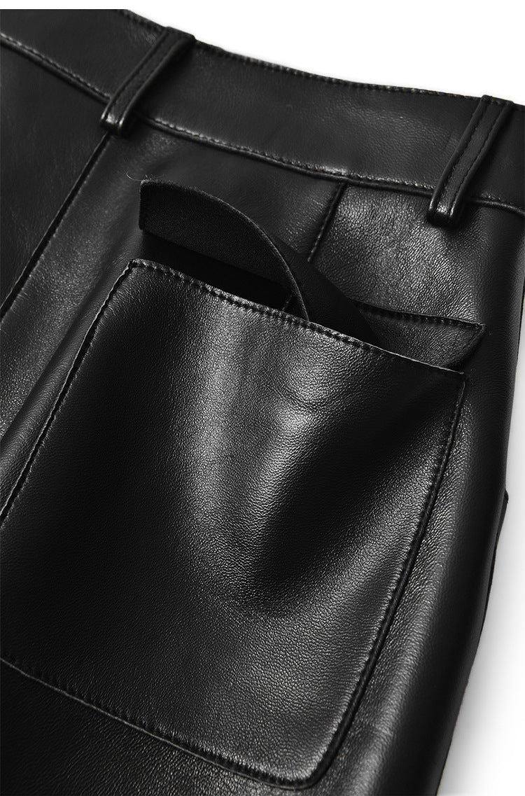 Women’s Sheepskin Midi Leather Skirt with Front Slit