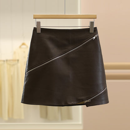 Leather Mini Skirt with Asymmetrical Front Zipper