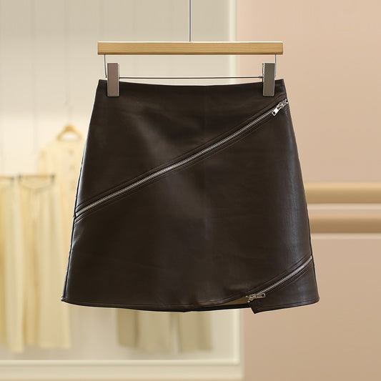 Leather Mini Skirt with Asymmetrical Front Zipper