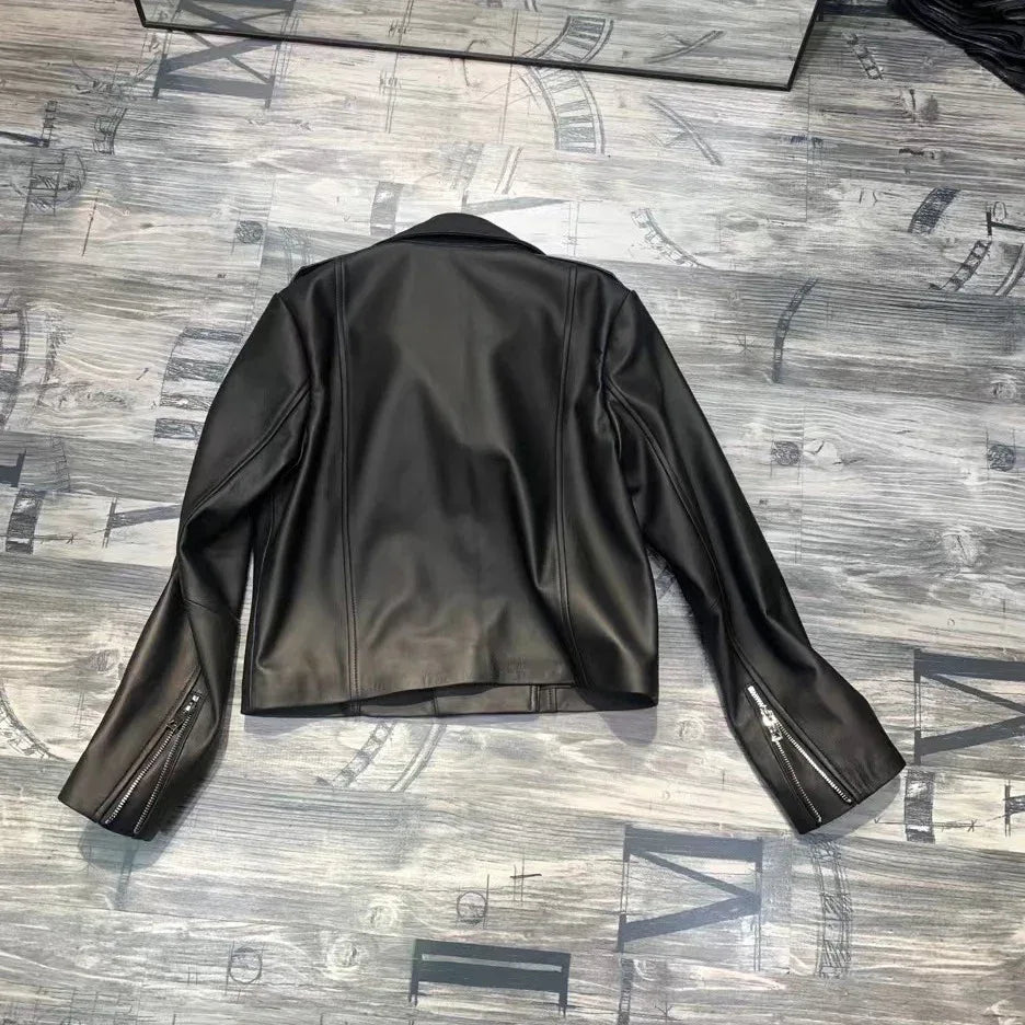 Women Genuine Sheepskin Leather Slim Moto Jacket
