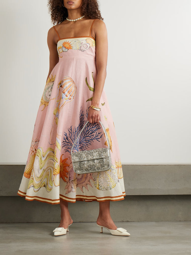 Pink Ocean Print Spaghetti-Strap Empire-Waist Smocked-Back Maxi Dress