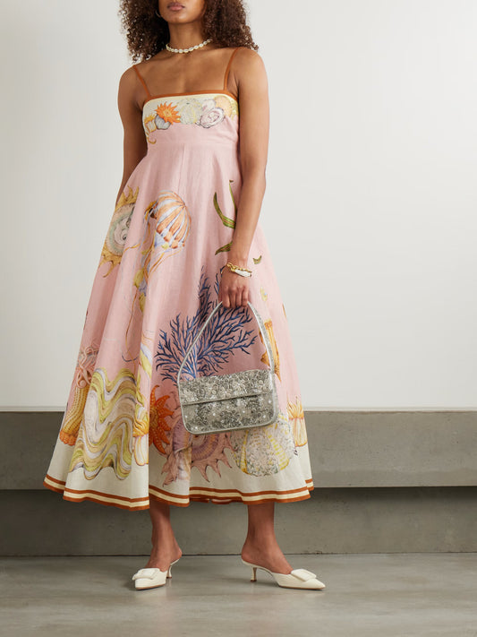 Pink Ocean Print Spaghetti-Strap Empire-Waist Smocked-Back Maxi Dress