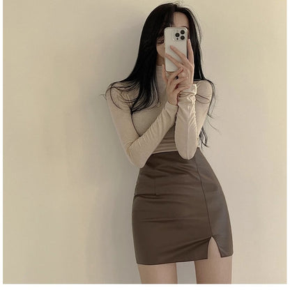 Faux Leather Skirt Zipper Back Split Hem