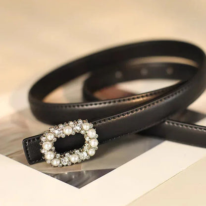 Women Pearl Buckle Split Cowhide Thin Leather Belt