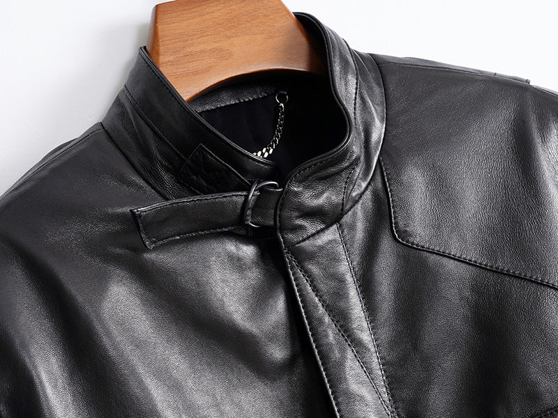 Women’s Leather Moto Trench Coat with Waist Cinch and Buckle Collar