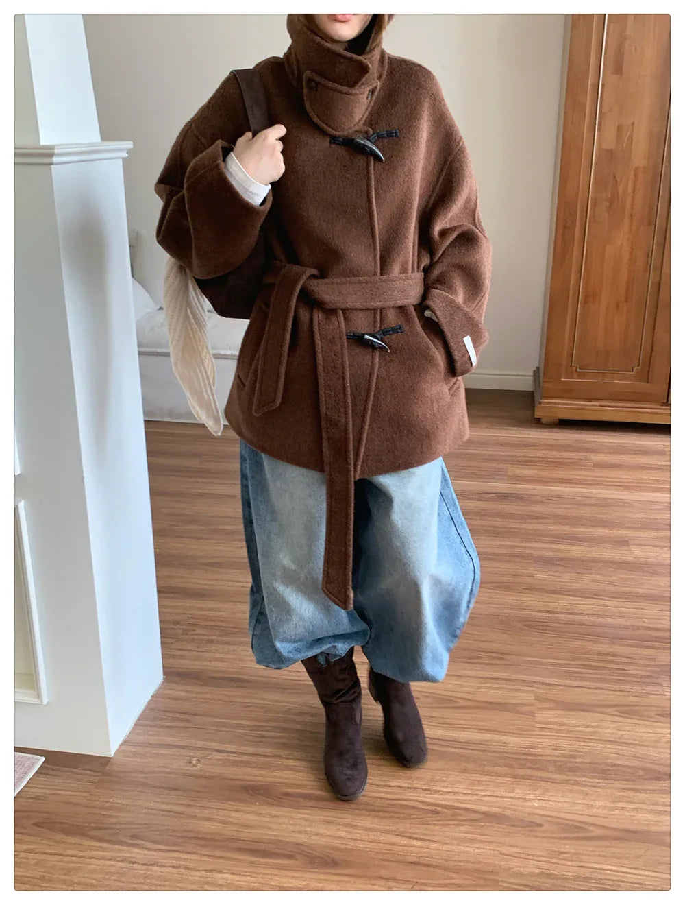 Women Wool Horn-Button Belted Funnel Coat