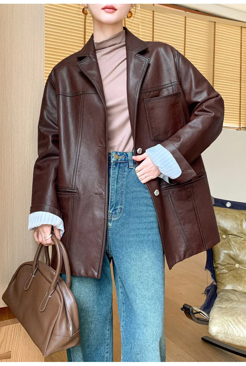 Women Oversized Genuine Leather Jacket Moto Blazer
