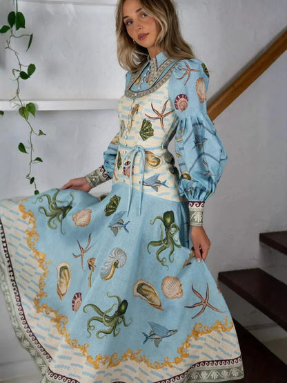 Sea print linen pan collar maxi dress