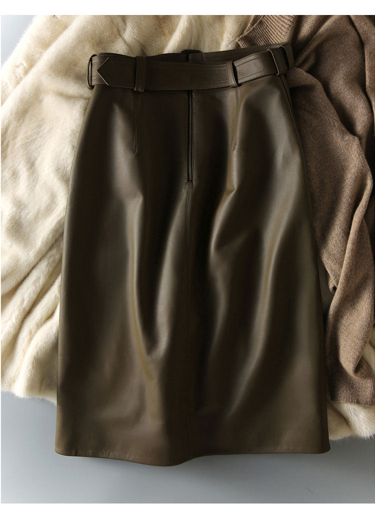 Olive Green Sheepskin Mid Length Leather Skirt with Belt and Slit