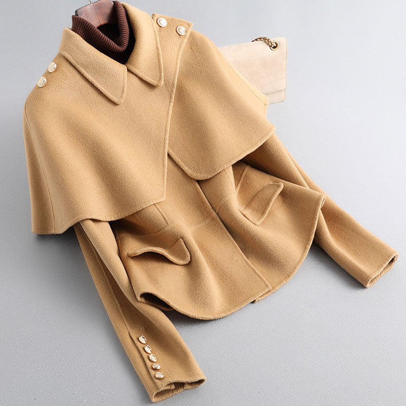 Women Petite Short French Cape Double-Sided Cashmere Coat