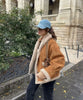 Retro camel shearling lapel winter coat women