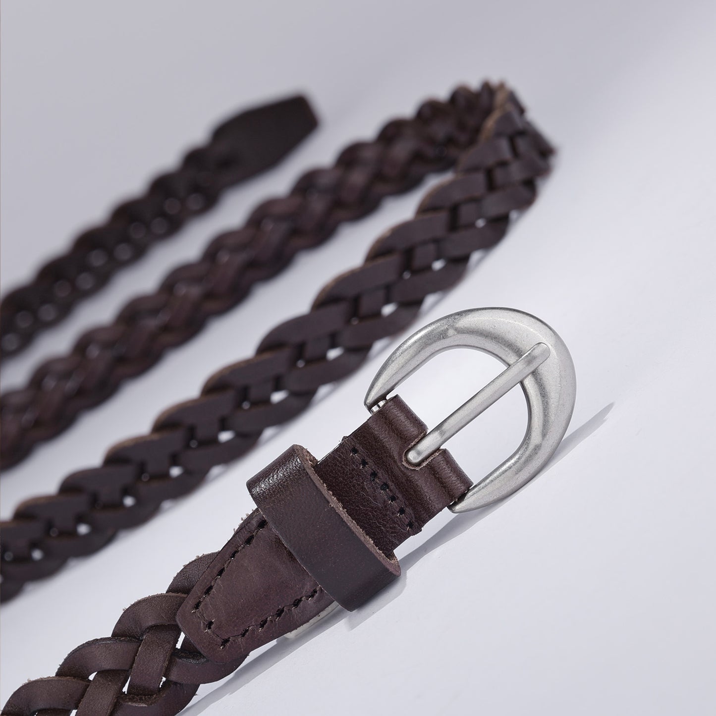 Braided genuine leather belt with silver buckle