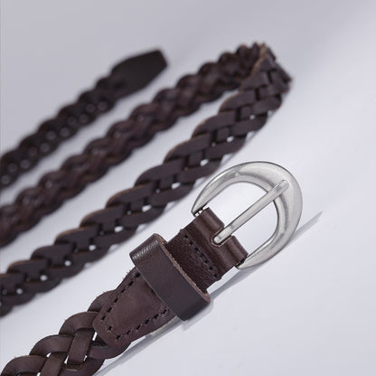 Braided genuine leather belt with silver buckle