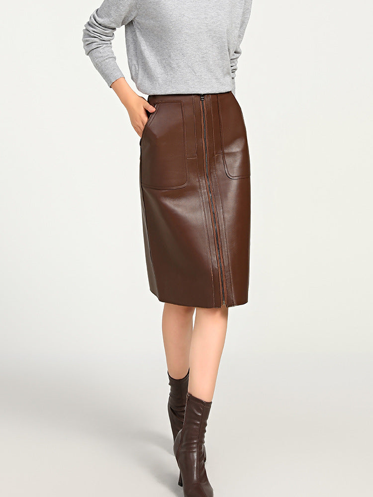Brown Leather Midi Skirt High Waisted A-Line with Front Zipper