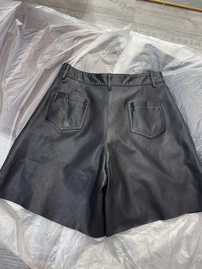 Black Leather Wide-Leg Shorts High Waist Women Shorts