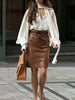Brown Genuine Leather High Waist Skirt Women’s With Slit