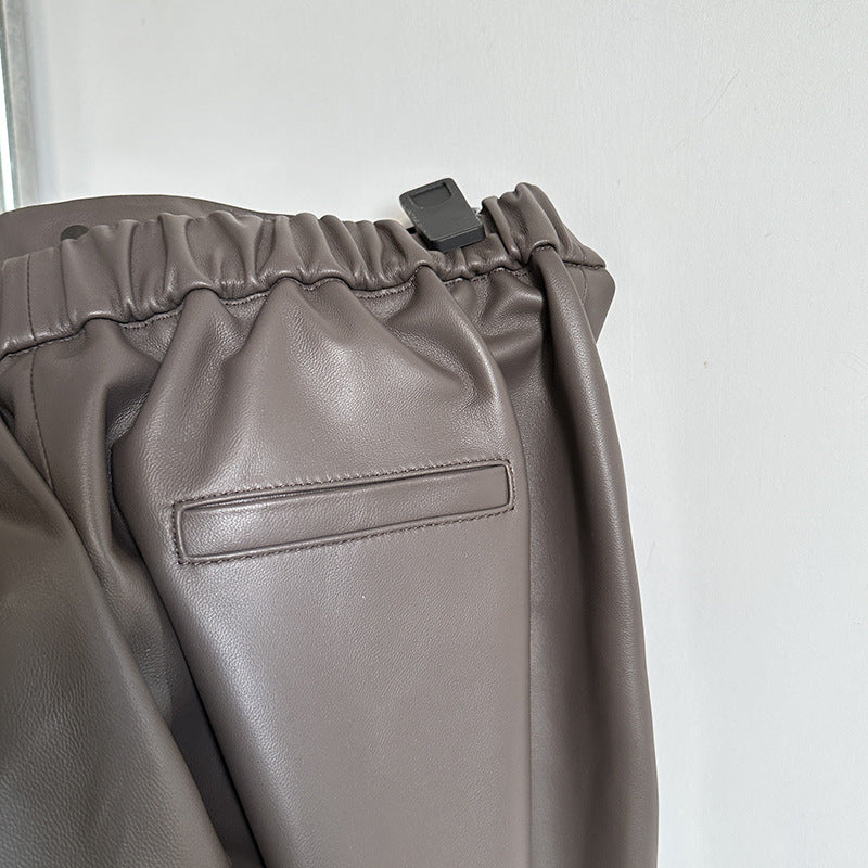 Womens genuine leather high waisted cropped pants