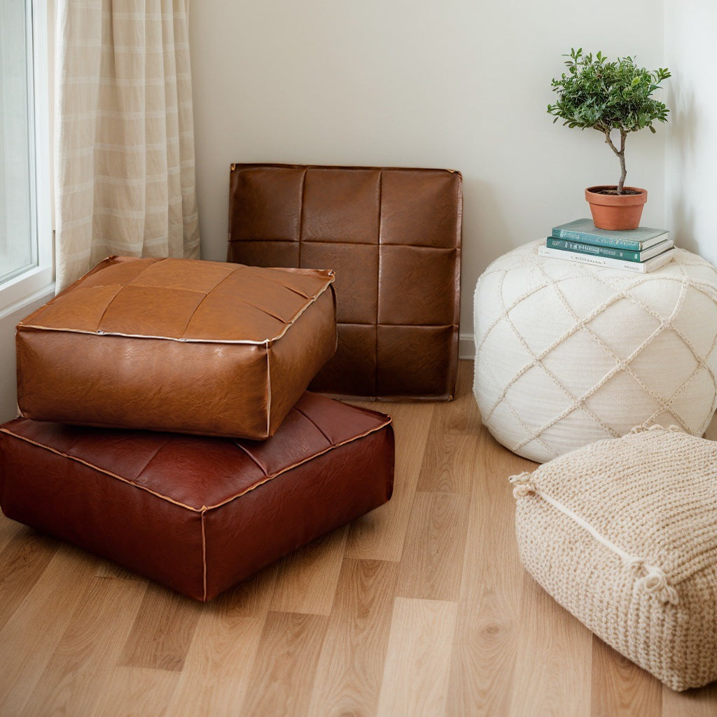 Faux Leather Pouf Ottoman Floor Cushion Cover