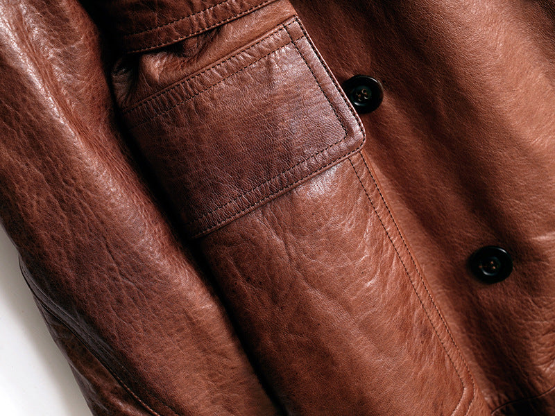 Women Leather Trench Coat Double-Breasted With Belt