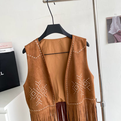 Women’s Bohemian Embroidered Fringe Suede Vest
