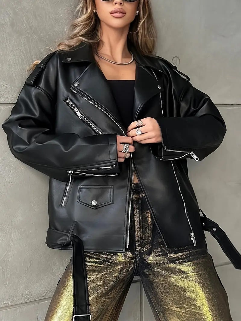 Women’s PU Oversized Leather Biker Jacket