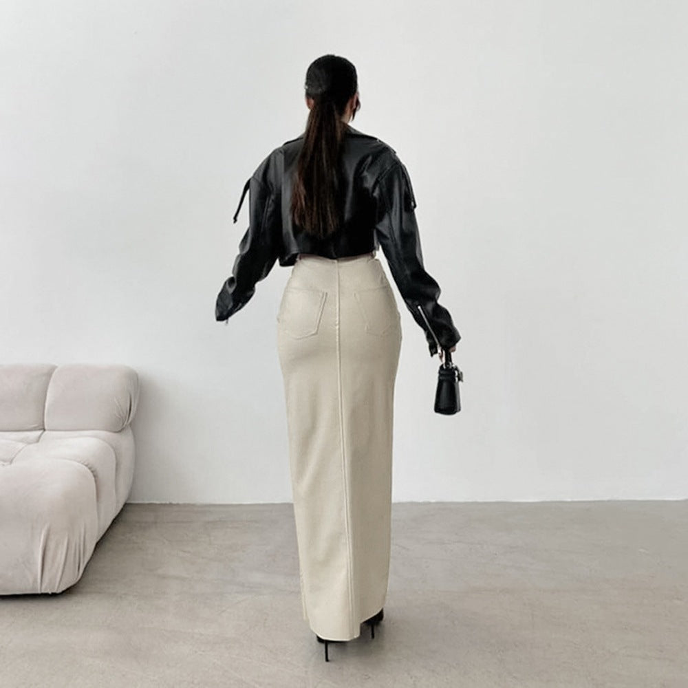 High Waist Leather Slit Straight Skirt